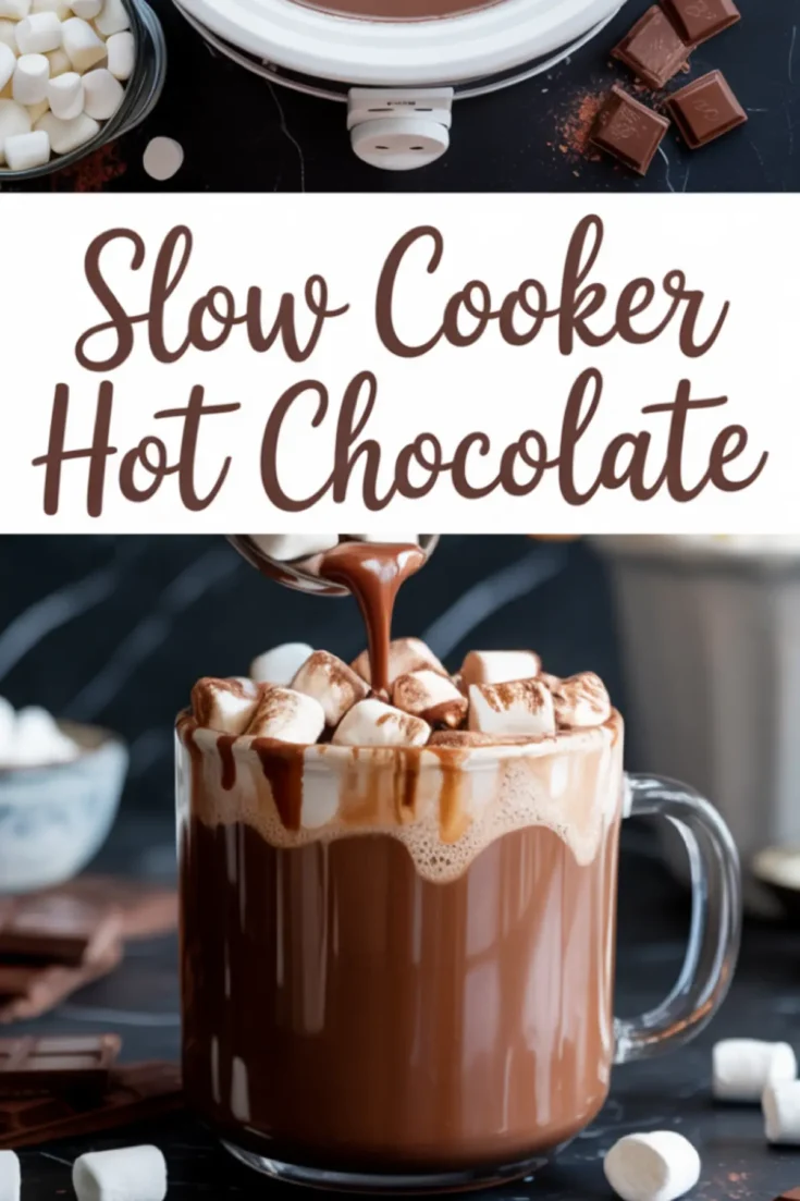 Collage of slow cooker hot chocolate in a white crockpot with melted chocolate chunks and mini marshmallows nearby, paired with a close-up of a glass mug overflowing with marshmallow-topped hot chocolate as it’s being poured.