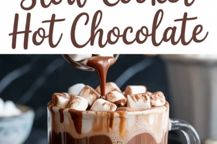 Collage of slow cooker hot chocolate in a white crockpot with melted chocolate chunks and mini marshmallows nearby, paired with a close-up of a glass mug overflowing with marshmallow-topped hot chocolate as it’s being poured.