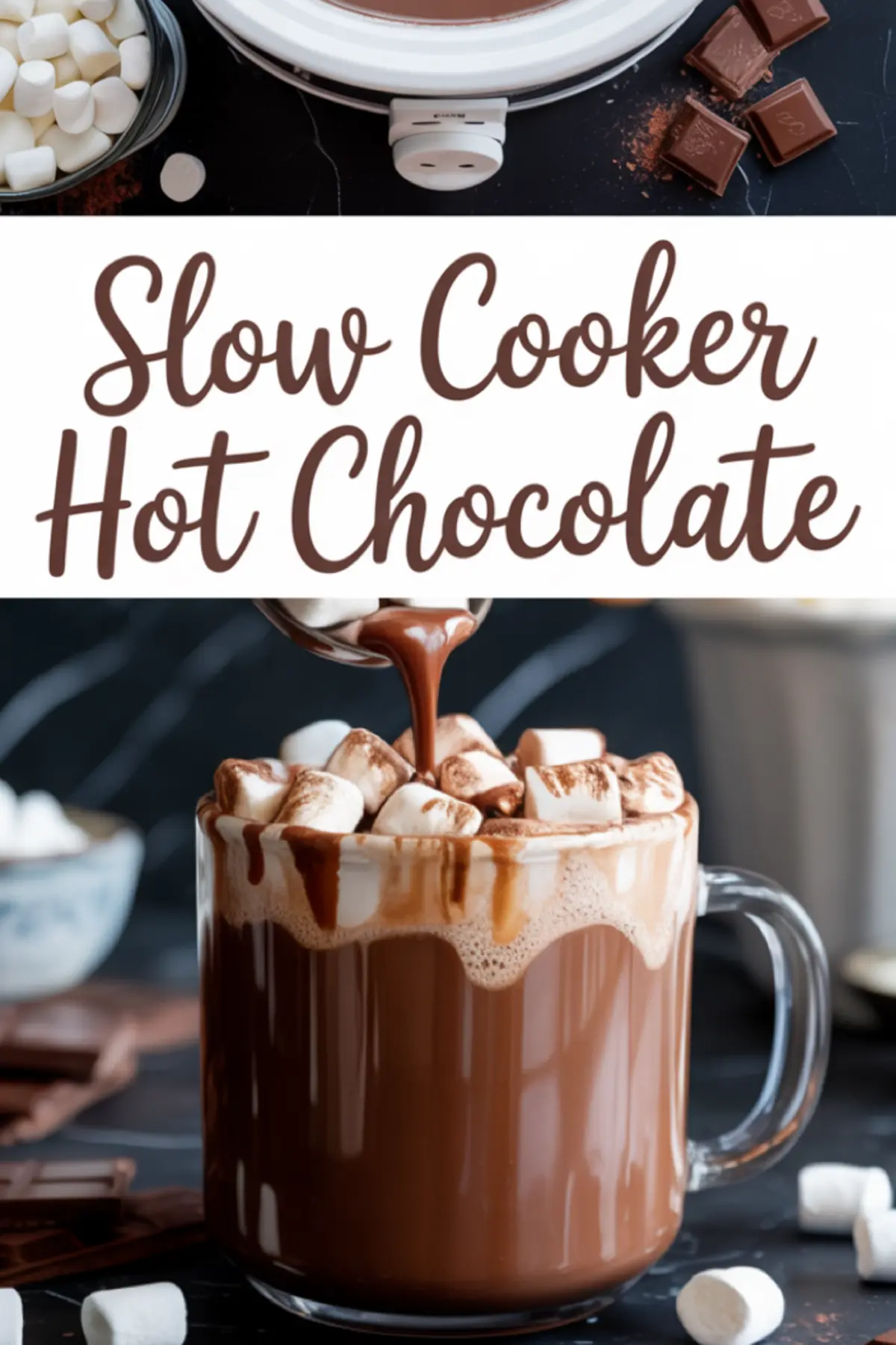 Collage of slow cooker hot chocolate in a white crockpot with melted chocolate chunks and mini marshmallows nearby, paired with a close-up of a glass mug overflowing with marshmallow-topped hot chocolate as it’s being poured.