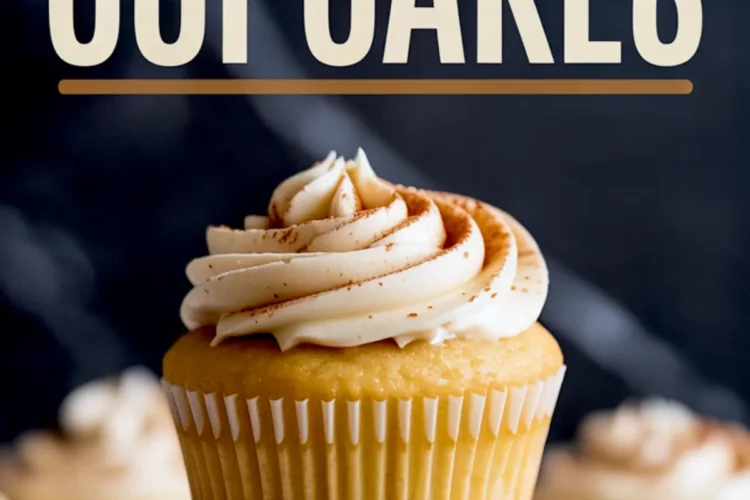 Stacked vanilla cupcakes topped with cinnamon-speckled buttercream frosting, with bold “Snickerdoodle Cupcakes” text overlaid on a dark background.