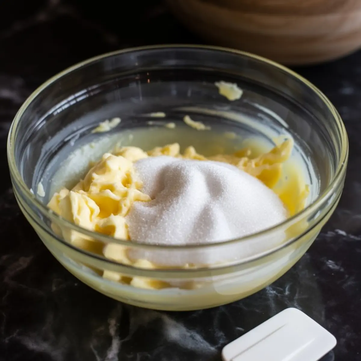 Glass bowl with softened butter and granulated sugar, ready to be creamed for cupcake batter on a dark marble countertop.

