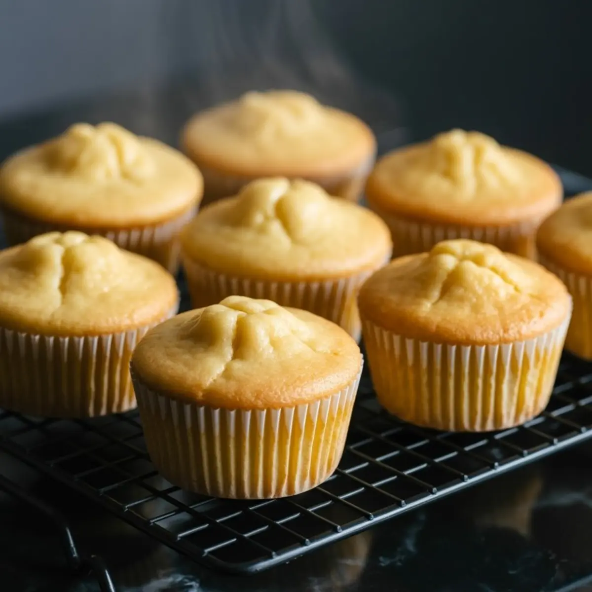 Freshly baked snickerdoodle cupcakes cooling on a wire rack, with golden tops and light, fluffy texture.
