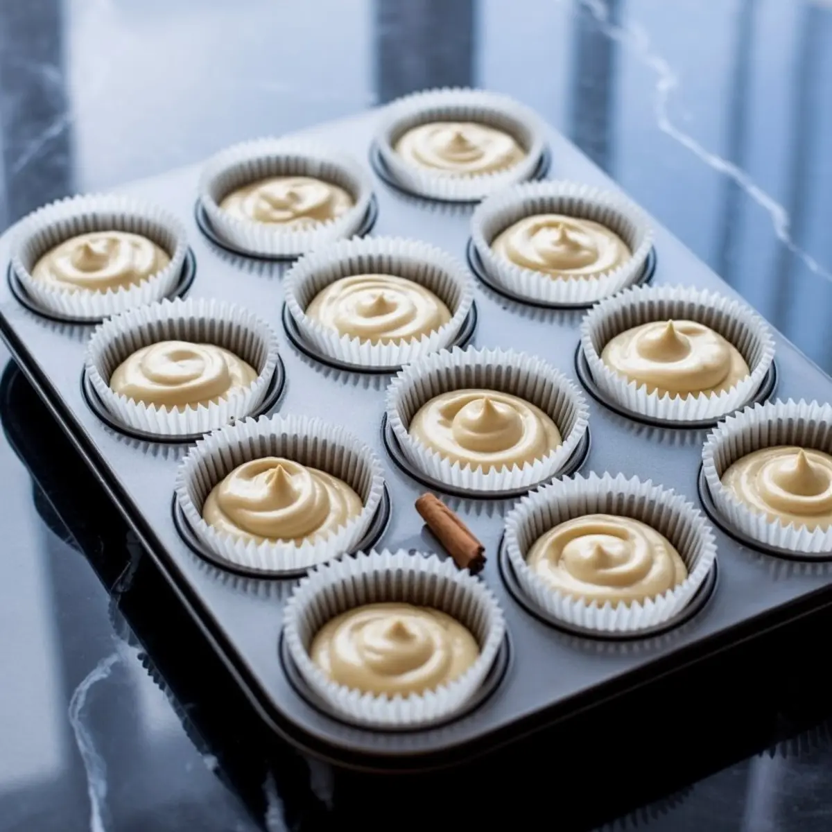 Cupcake batter piped into a 12-cup muffin tin lined with white paper liners, ready to bake on a dark reflective surface.
