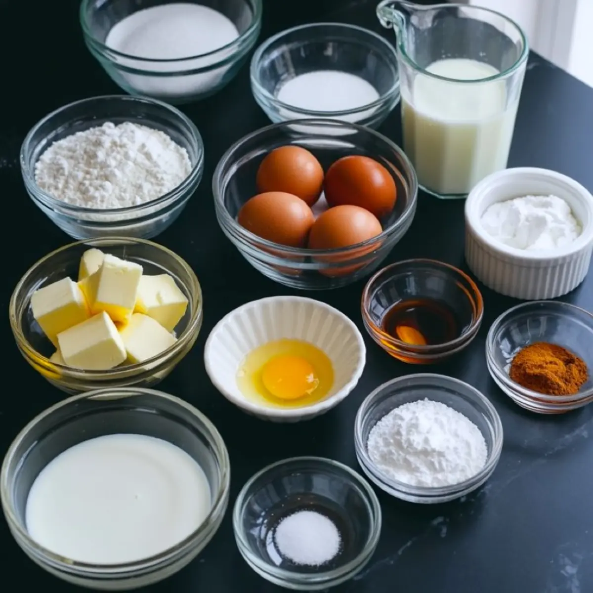 Glass bowls filled with ingredients for snickerdoodle cupcakes, including flour, eggs, sugar, butter, vanilla extract, milk, baking powder, cinnamon, and sour cream, arranged on a dark surface.
