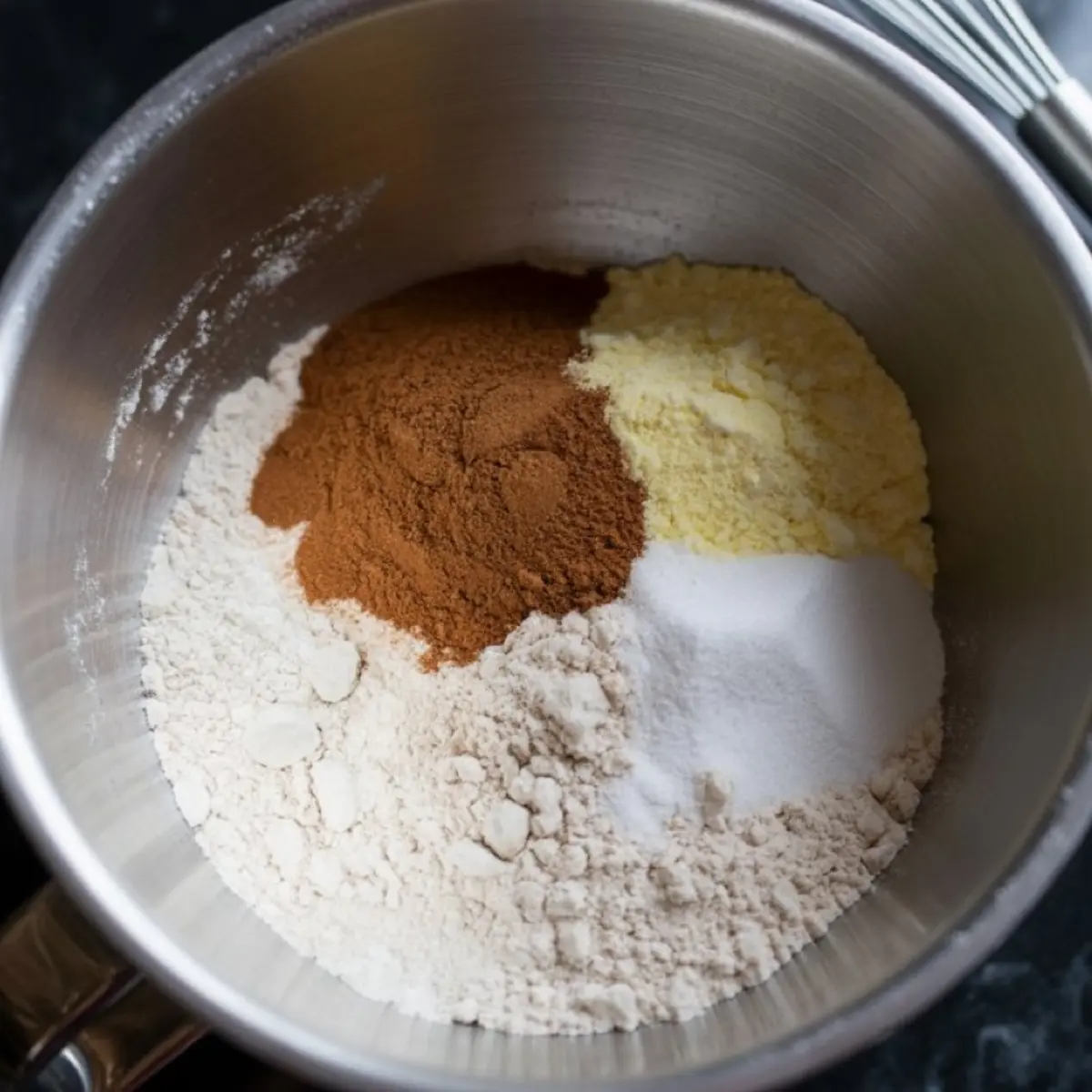 Dry ingredients including flour, cinnamon, sugar, and powdered milk in a metal mixing bowl, prepared for snickerdoodle cupcake batter.
