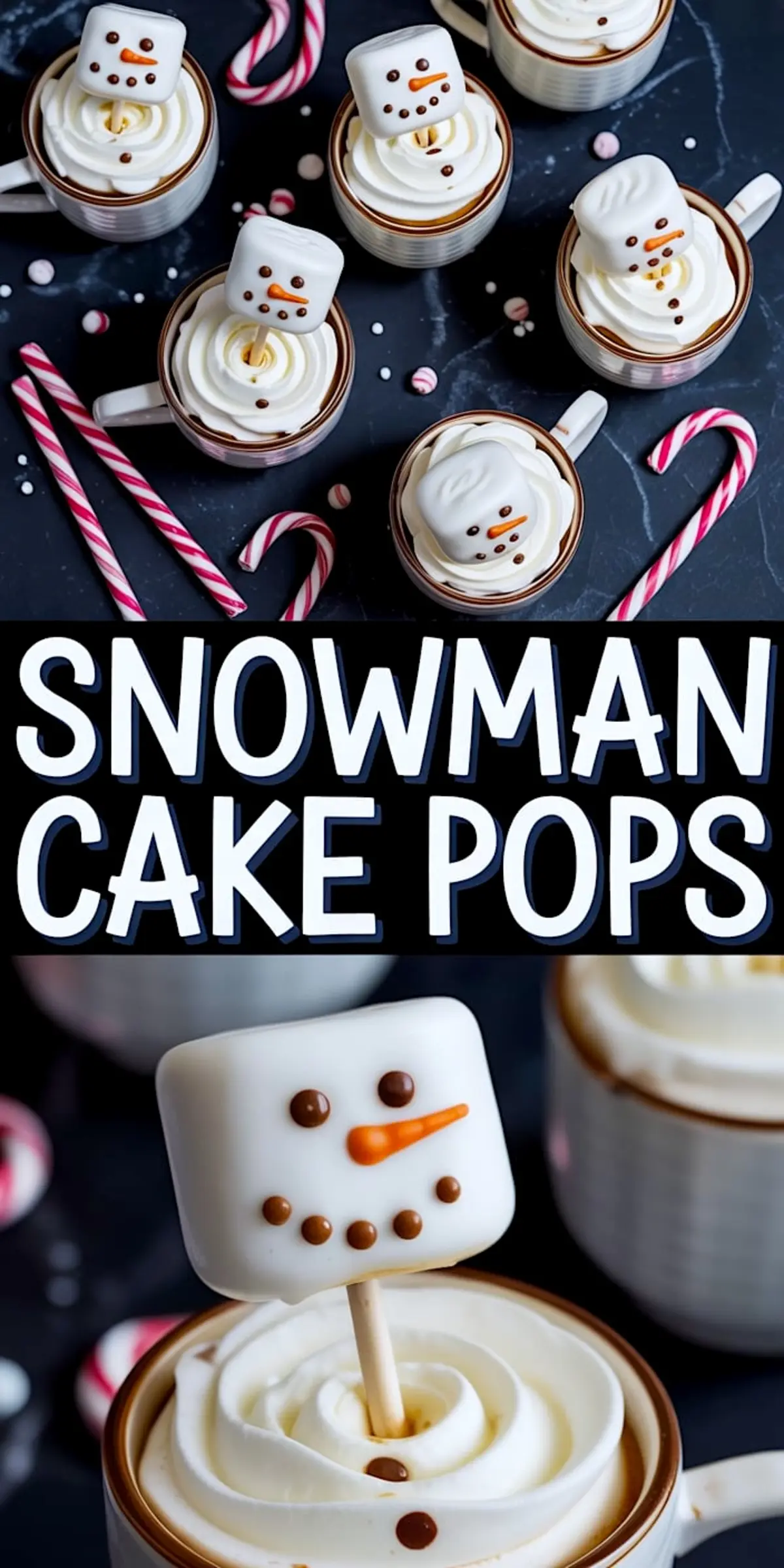 Festive collage of hot cocoa mugs topped with swirled whipped cream and snowman cake pops made from square marshmallows, decorated with chocolate chip eyes, orange candy noses, and dotted smiles, surrounded by candy canes and peppermint candies on a black surface.