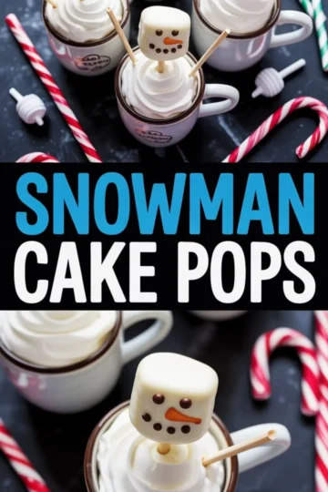 Overhead collage showing white mugs filled with whipped cream and snowman cake pops featuring marshmallow heads with chocolate eyes, orange candy noses, and candy cane arms, styled alongside red-and-white striped candies and lollipops.