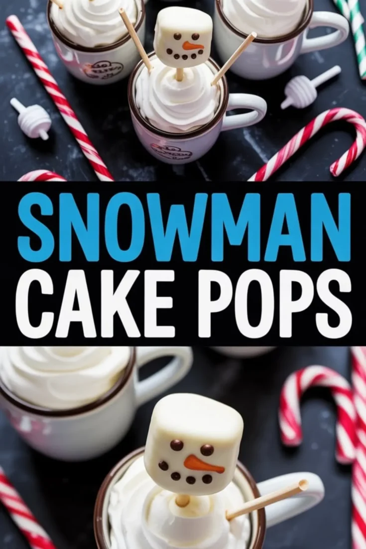 Overhead collage showing white mugs filled with whipped cream and snowman cake pops featuring marshmallow heads with chocolate eyes, orange candy noses, and candy cane arms, styled alongside red-and-white striped candies and lollipops.