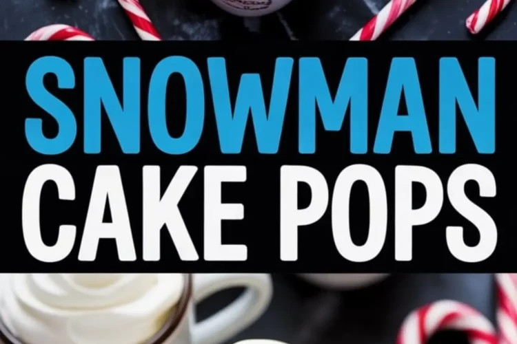 Overhead collage showing white mugs filled with whipped cream and snowman cake pops featuring marshmallow heads with chocolate eyes, orange candy noses, and candy cane arms, styled alongside red-and-white striped candies and lollipops.