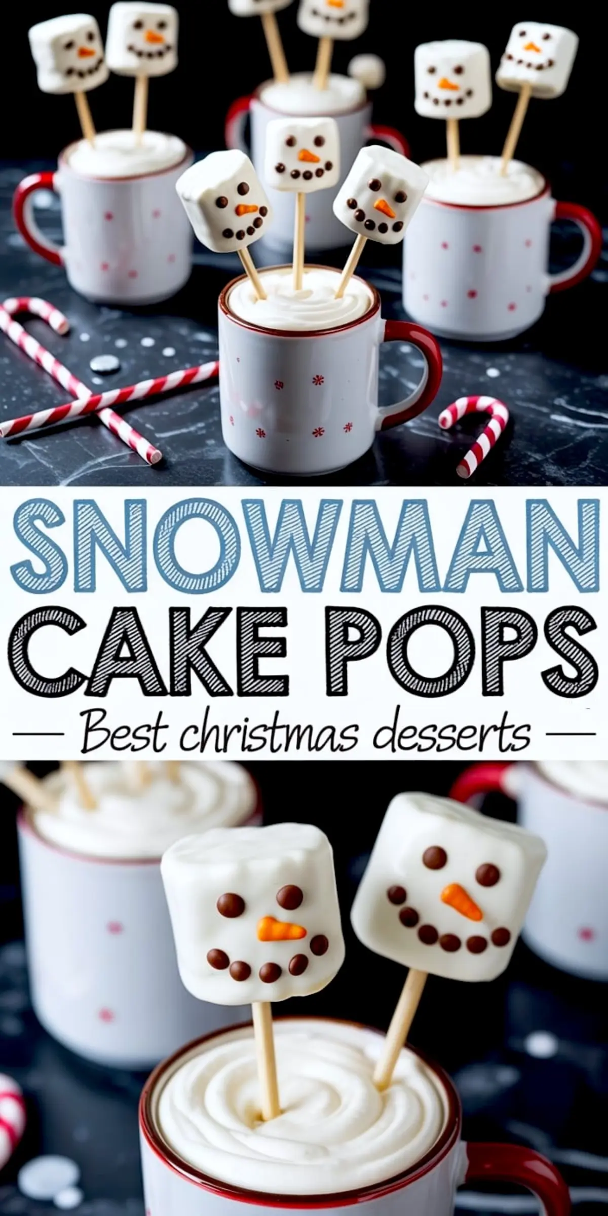 Collage showing white mugs with red trim filled with swirled whipped cream and snowman cake pops on sticks, each marshmallow decorated with chocolate features and orange noses, surrounded by candy canes and holiday sprinkles on a dark surface.