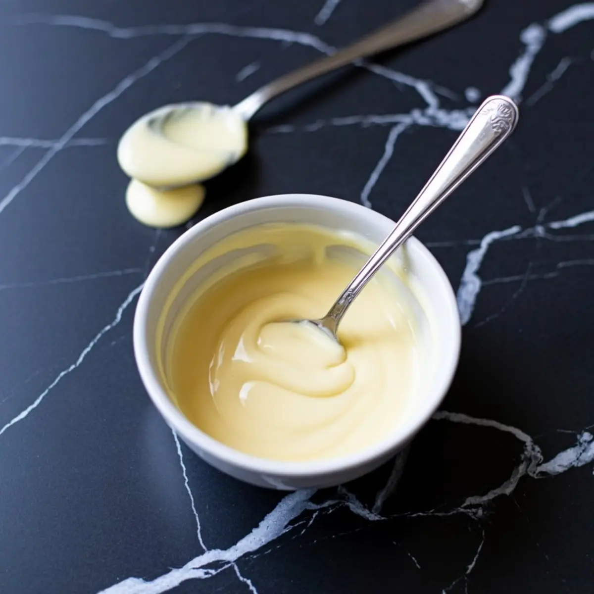 Close-up of a white ceramic bowl filled with melted white chocolate candy coating, with a spoon resting inside and drips on the nearby spoon, set on a dark marble countertop.