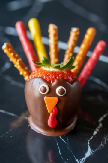 Close-up of a chocolate-dipped strawberry decorated as a turkey with candy eyes, orange beak, red wattle, and colorful pretzel stick feathers on a dark marble background.