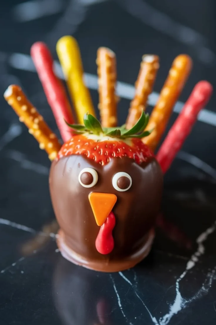 Close-up of a chocolate-dipped strawberry decorated as a turkey with candy eyes, orange beak, red wattle, and colorful pretzel stick feathers on a dark marble background.