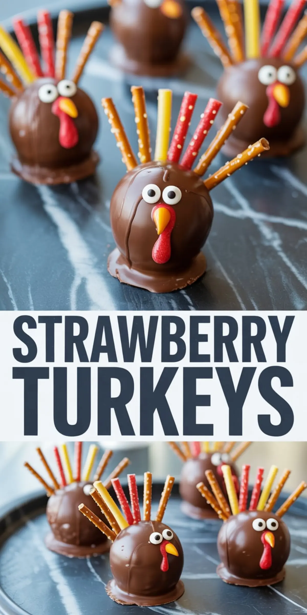 Collage showing chocolate strawberry turkeys with candy eyes, red and yellow beaks, and pretzel stick feathers, styled on a black surface with bold text reading “Strawberry Turkeys.”