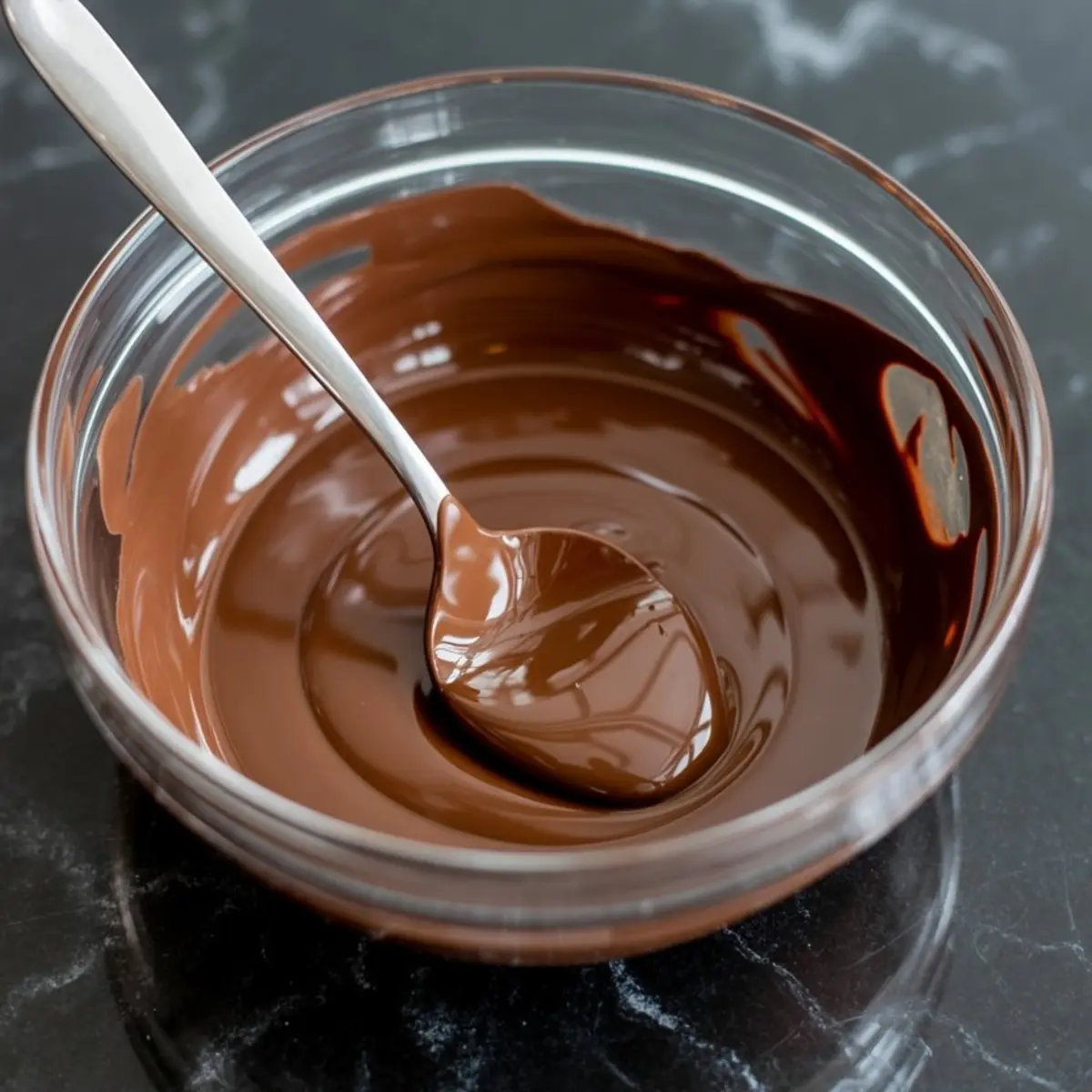 A glass bowl of smooth melted chocolate with a metal spoon resting inside, placed on a dark marble countertop.