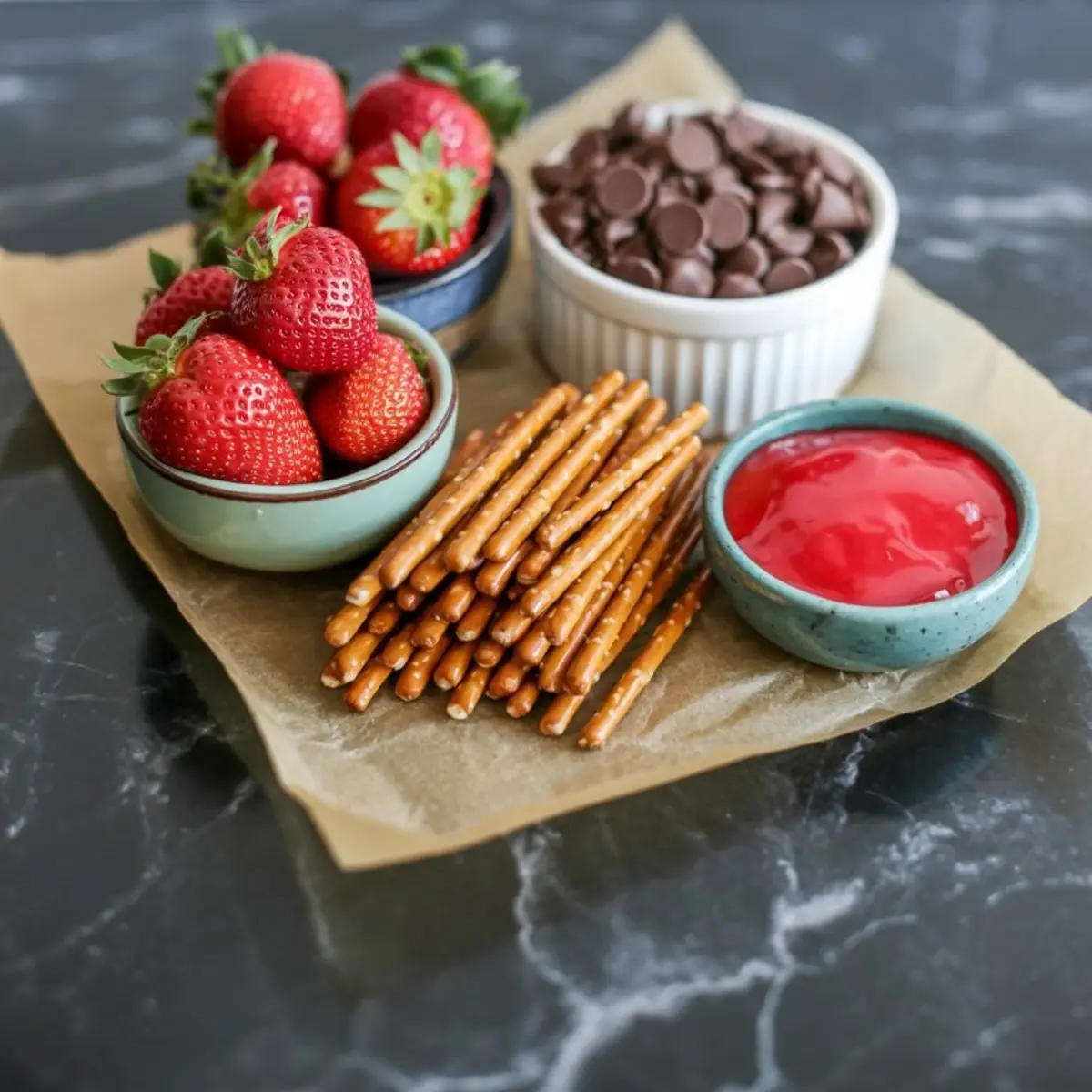 Bowls of fresh strawberries, chocolate chips, red candy melt, and pretzel sticks arranged on parchment paper over a black marble surface.