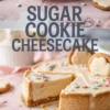 Baked sugar cookie cheesecake topped with candy sprinkles and iced cookies, sliced to reveal a dense, creamy interior on a pink table with cookie decorations scattered around.