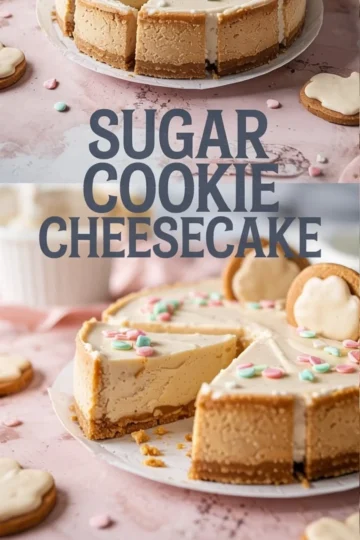 Baked sugar cookie cheesecake topped with candy sprinkles and iced cookies, sliced to reveal a dense, creamy interior on a pink table with cookie decorations scattered around.