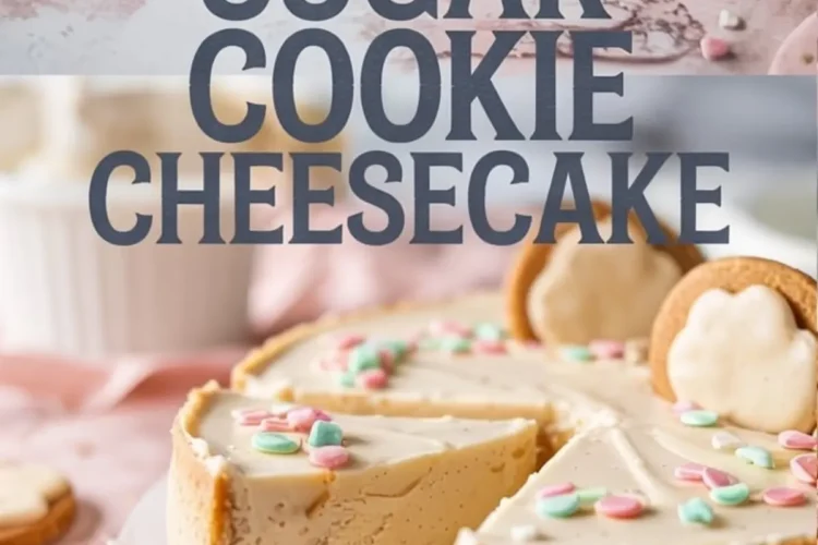 Baked sugar cookie cheesecake topped with candy sprinkles and iced cookies, sliced to reveal a dense, creamy interior on a pink table with cookie decorations scattered around.