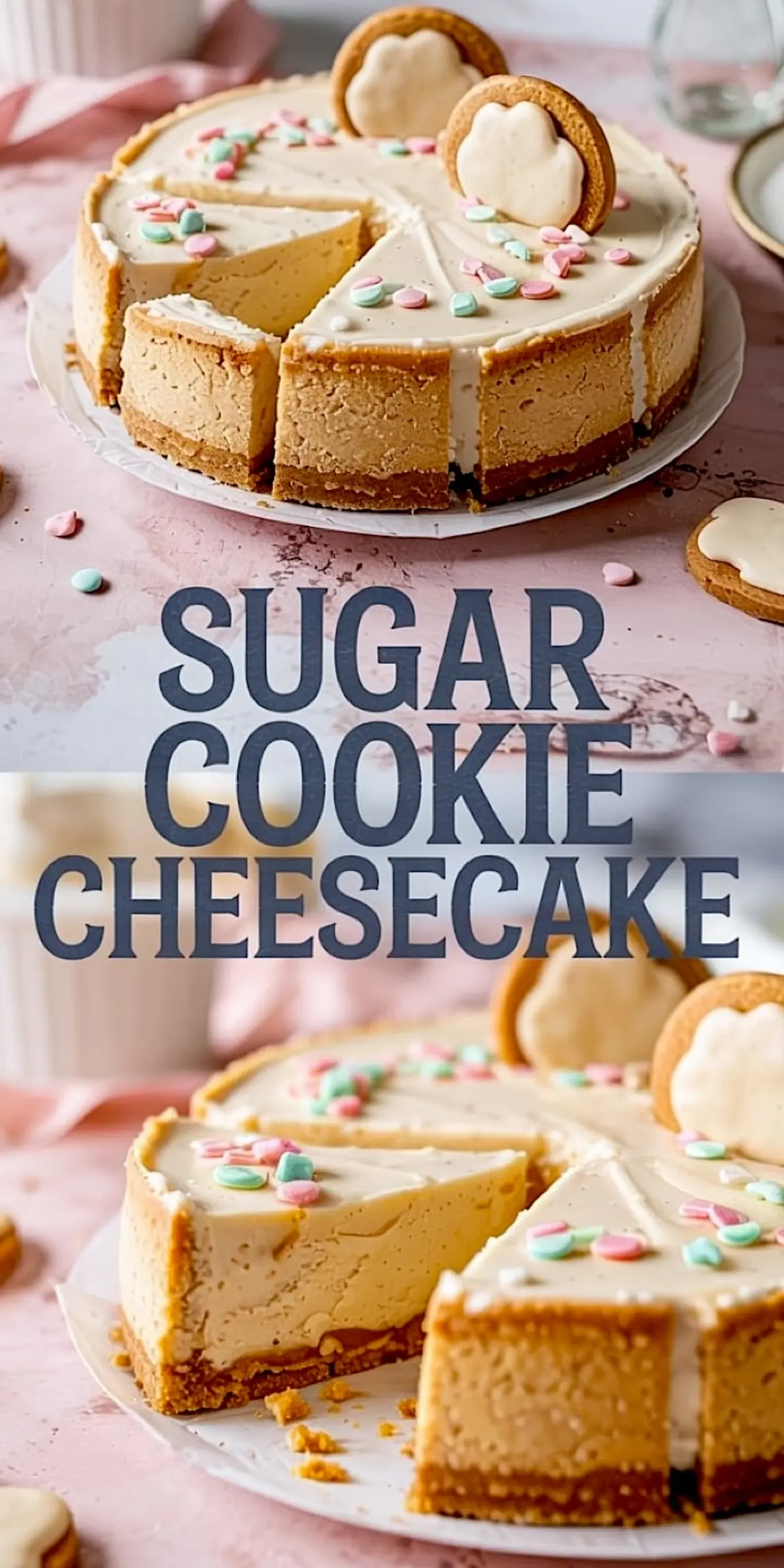 Decorated sugar cookie cheesecake sliced and served on a white plate, topped with heart-shaped iced cookies and pastel confetti sprinkles on a pink background for a whimsical dessert styling.