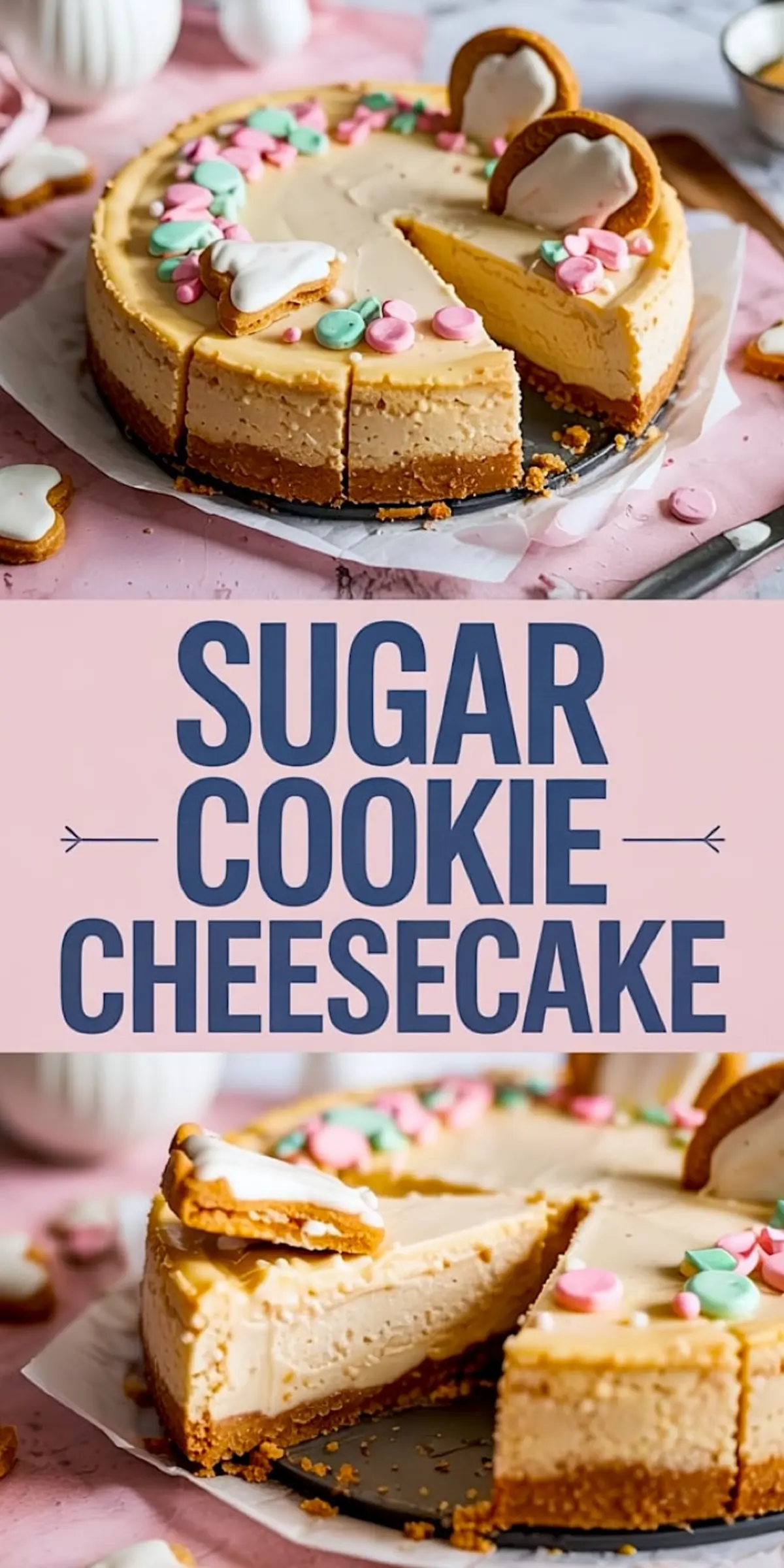 Sugar cookie cheesecake with a golden brown graham cracker crust, topped with pastel candy sprinkles and iced sugar cookies, shown sliced on a pink background for a festive dessert presentation.