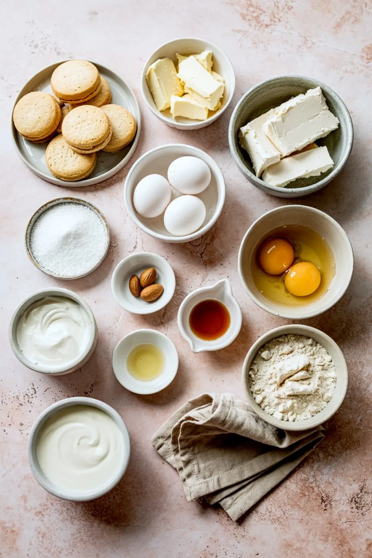 Flat lay of sugar cookie cheesecake ingredients on a pink surface, including eggs, cream cheese, sugar, flour, butter, sour cream, yogurt, sandwich cookies, vanilla extract, almonds, and lemon juice.