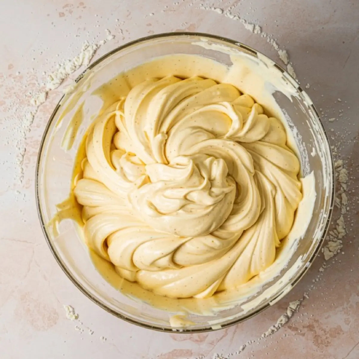 Glass bowl filled with smooth, creamy sugar cookie cheesecake batter swirled to show its thick texture, resting on a floured pink surface during dessert prep.
