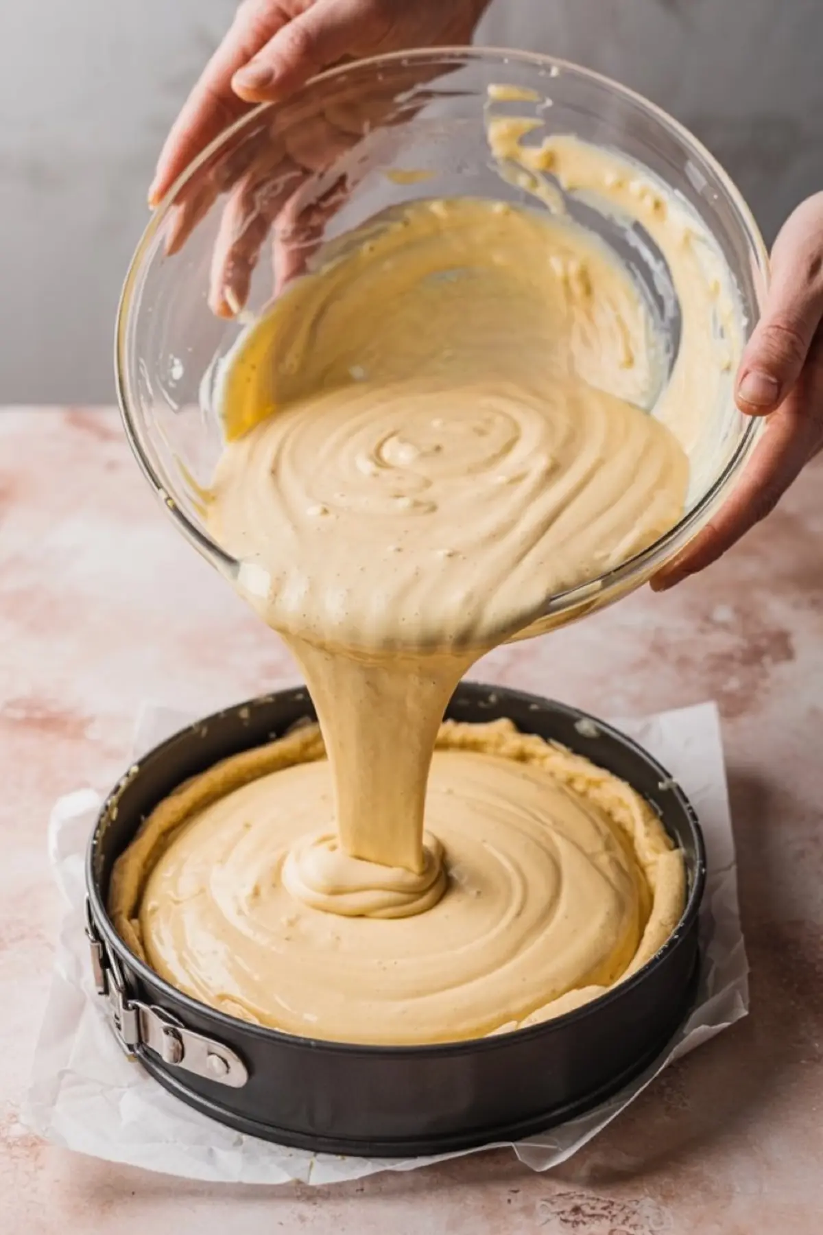 Thick cheesecake batter being poured into a springform pan lined with graham cracker crust, highlighting the creamy consistency of the sugar cookie cheesecake filling.