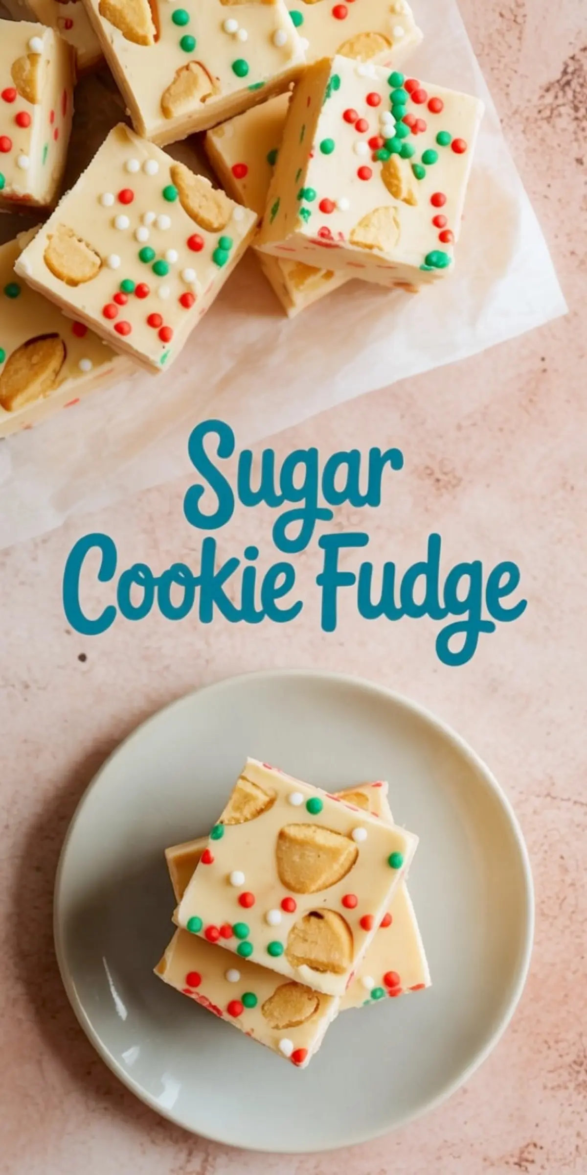 Stacked squares of sugar cookie fudge topped with red, green, and white sprinkles, featuring embedded chunks of sugar cookies, displayed on a neutral plate and parchment paper background.
