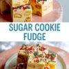 Alt: Side and top-down collage of sugar cookie fudge on a pink and white plate, decorated with festive red, green, and white sprinkles, with visible cookie bits in each square.
