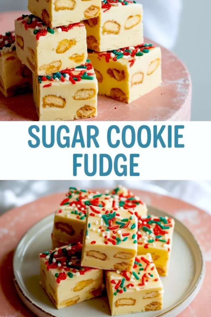 Alt: Side and top-down collage of sugar cookie fudge on a pink and white plate, decorated with festive red, green, and white sprinkles, with visible cookie bits in each square.