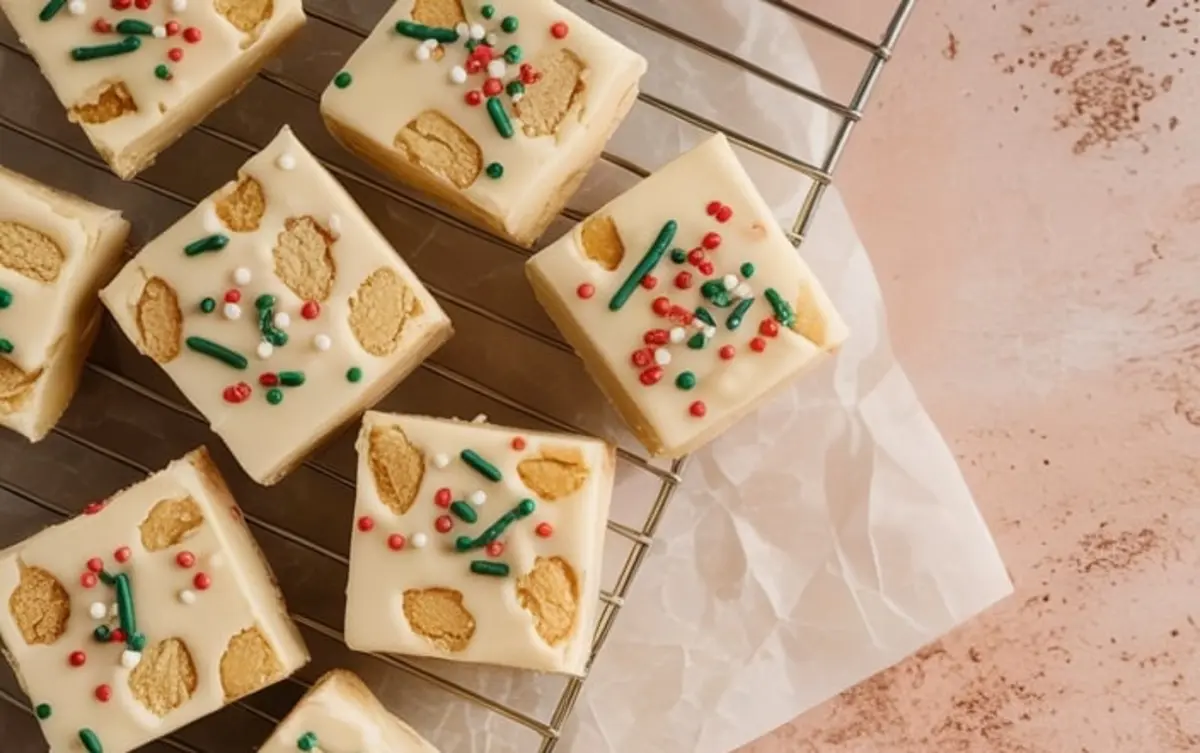 Sugar cookie fudge squares cooling on a wire rack, topped with green, red, and white sprinkles, with cookie pieces visible inside each piece, set on a pink-toned surface.