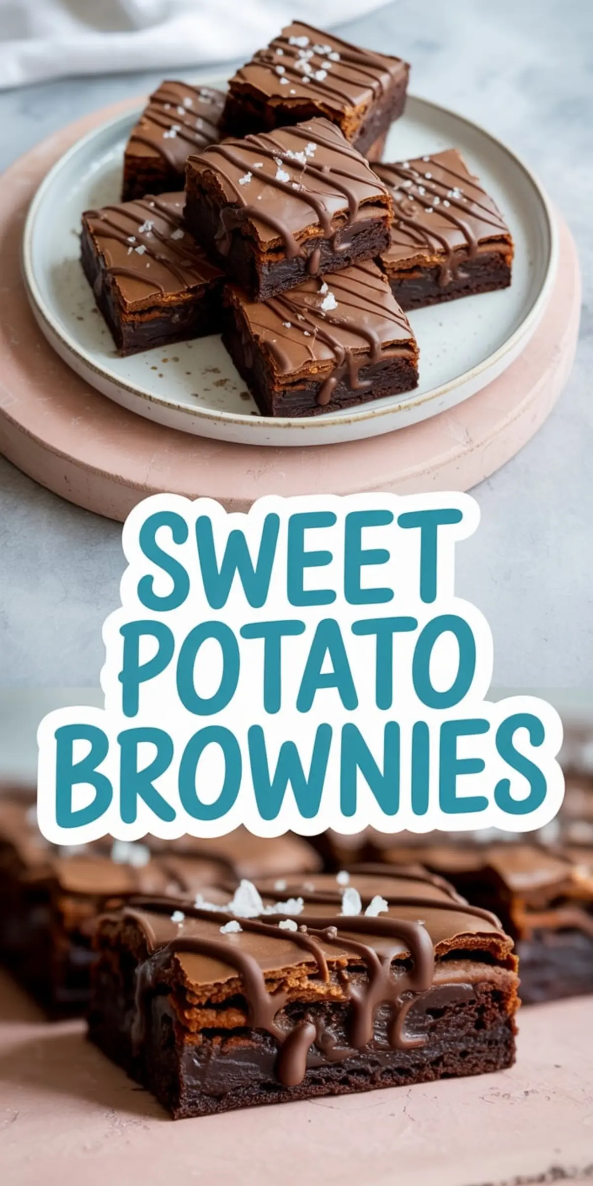 Stacked sweet potato brownies displayed on a light ceramic plate, featuring a rich chocolate drizzle and sprinkled sea salt. The moist, dense interior contrasts with the crisp top layer, highlighting the homemade dessert’s indulgent look.