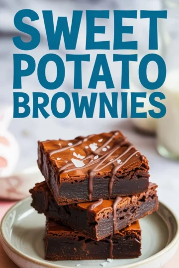 Three thick sweet potato brownies stacked on a plate, drizzled with melted chocolate and garnished with flaky sea salt. The dark, fudgy layers and slightly cracked top showcase the rich, gooey texture.