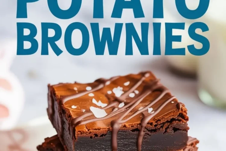 Three thick sweet potato brownies stacked on a plate, drizzled with melted chocolate and garnished with flaky sea salt. The dark, fudgy layers and slightly cracked top showcase the rich, gooey texture.