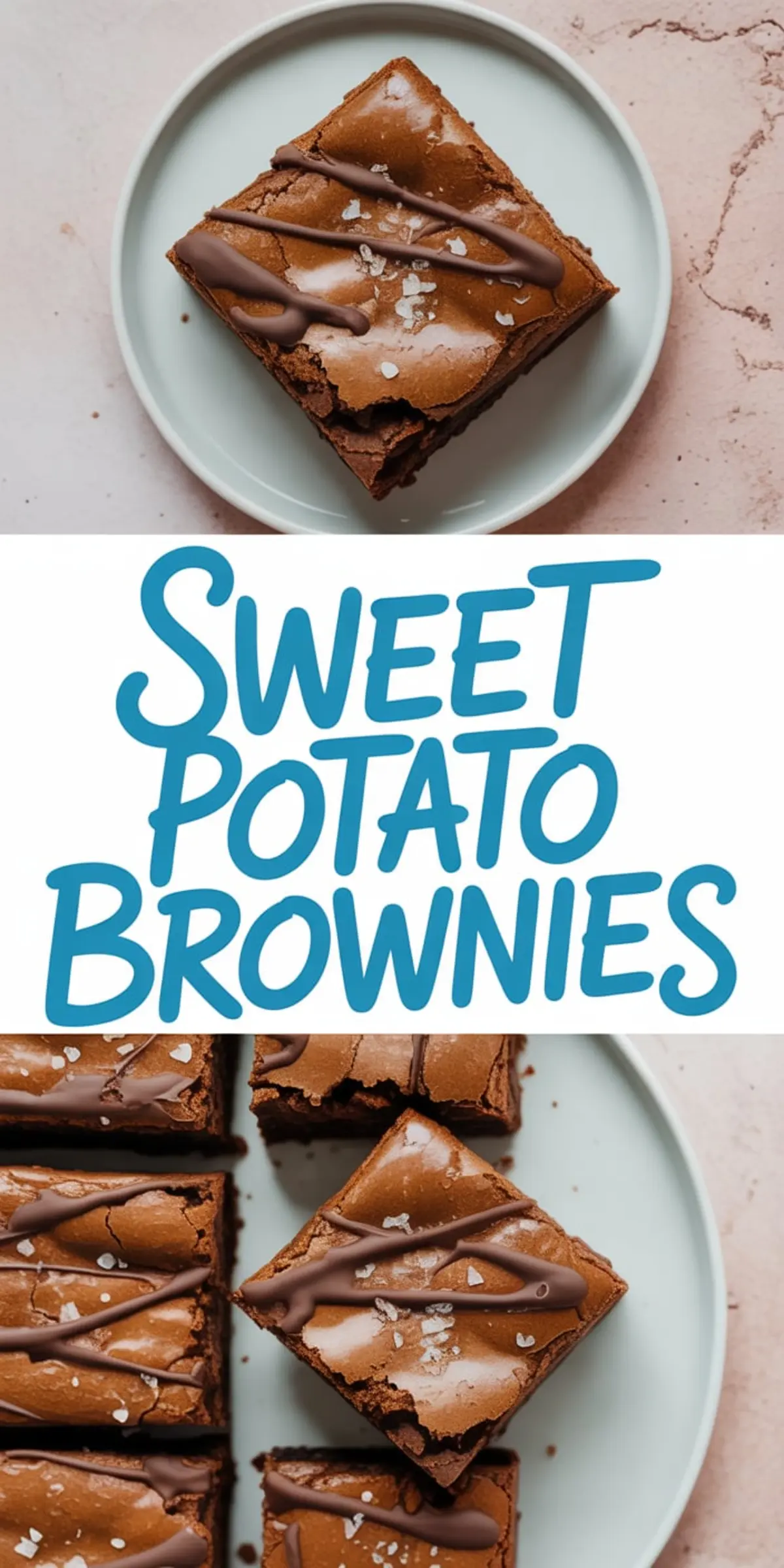 Close-up of sweet potato brownie squares topped with chocolate drizzle and sea salt flakes, neatly arranged on a light plate. The glossy surface and firm edges emphasize the dessert’s chewy consistency.