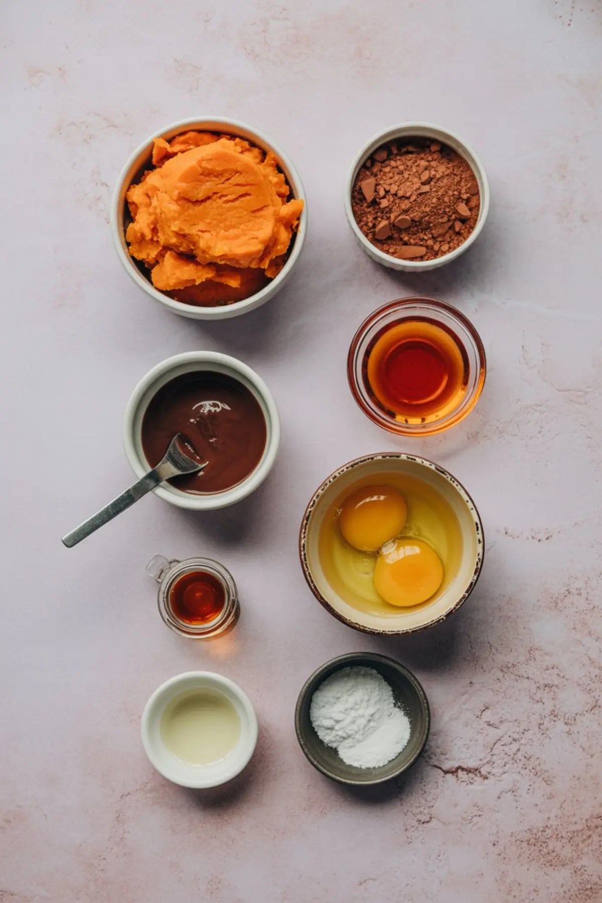 Flat lay of sweet potato brownie ingredients including mashed sweet potato, cocoa powder, chocolate, eggs, vanilla extract, baking powder, maple syrup, and oil. Each item is placed in a small bowl on a pink surface, highlighting the vibrant and natural components.