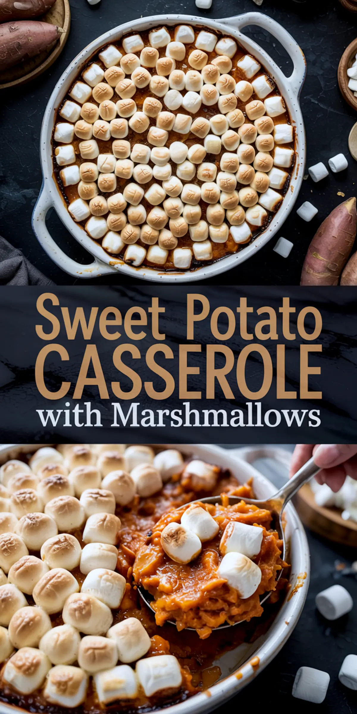 Collage of sweet potato casserole in a white baking dish, topped with golden marshmallows, with scooped portions and text overlay, captured for best sweet potato casserol ideas and Thanksgiving cooking.