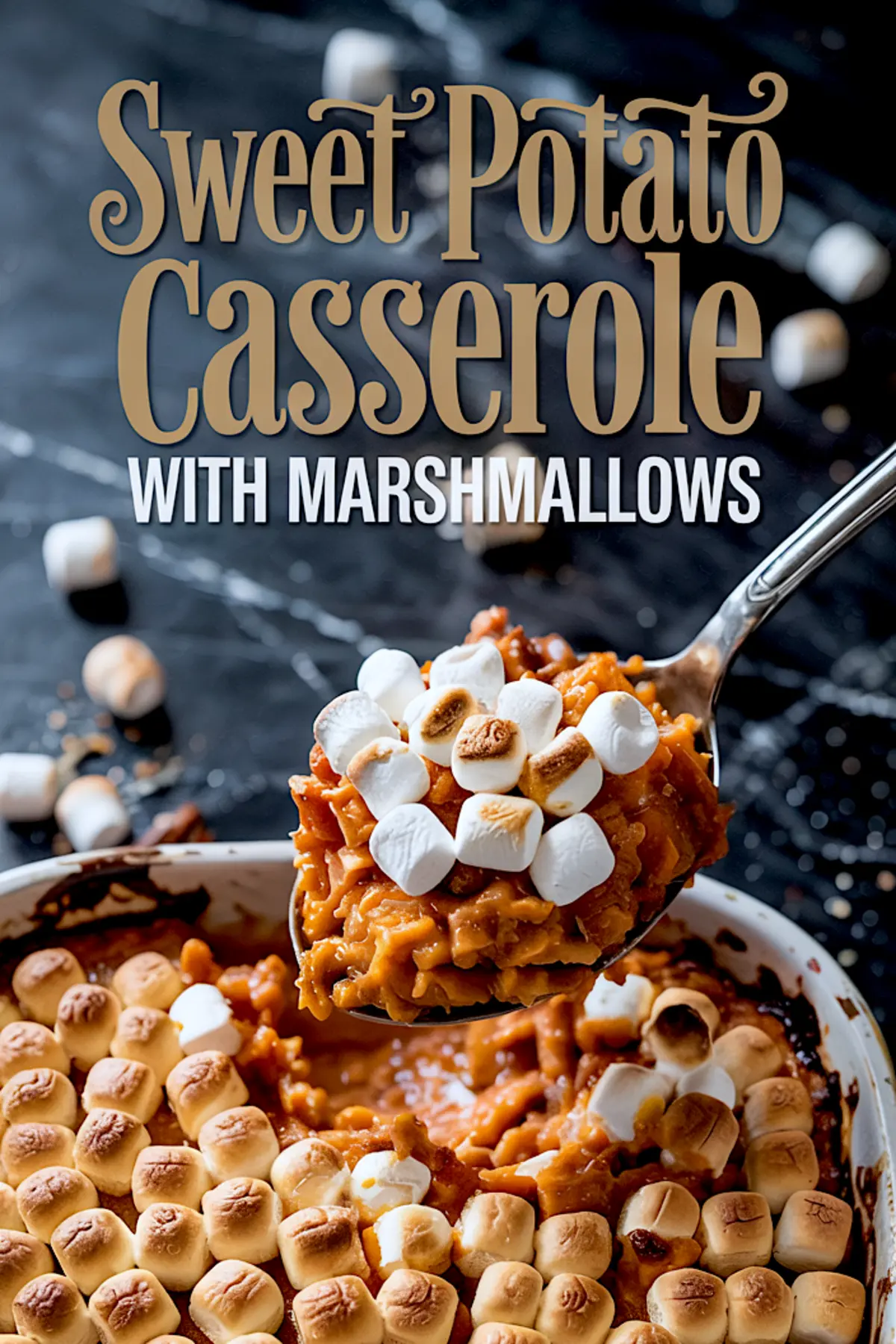 Collage featuring a close-up of sweet potato casserole being scooped with marshmallows and a full top view of the dish, styled for potato casserole recipes and Thanksgiving side dishes.