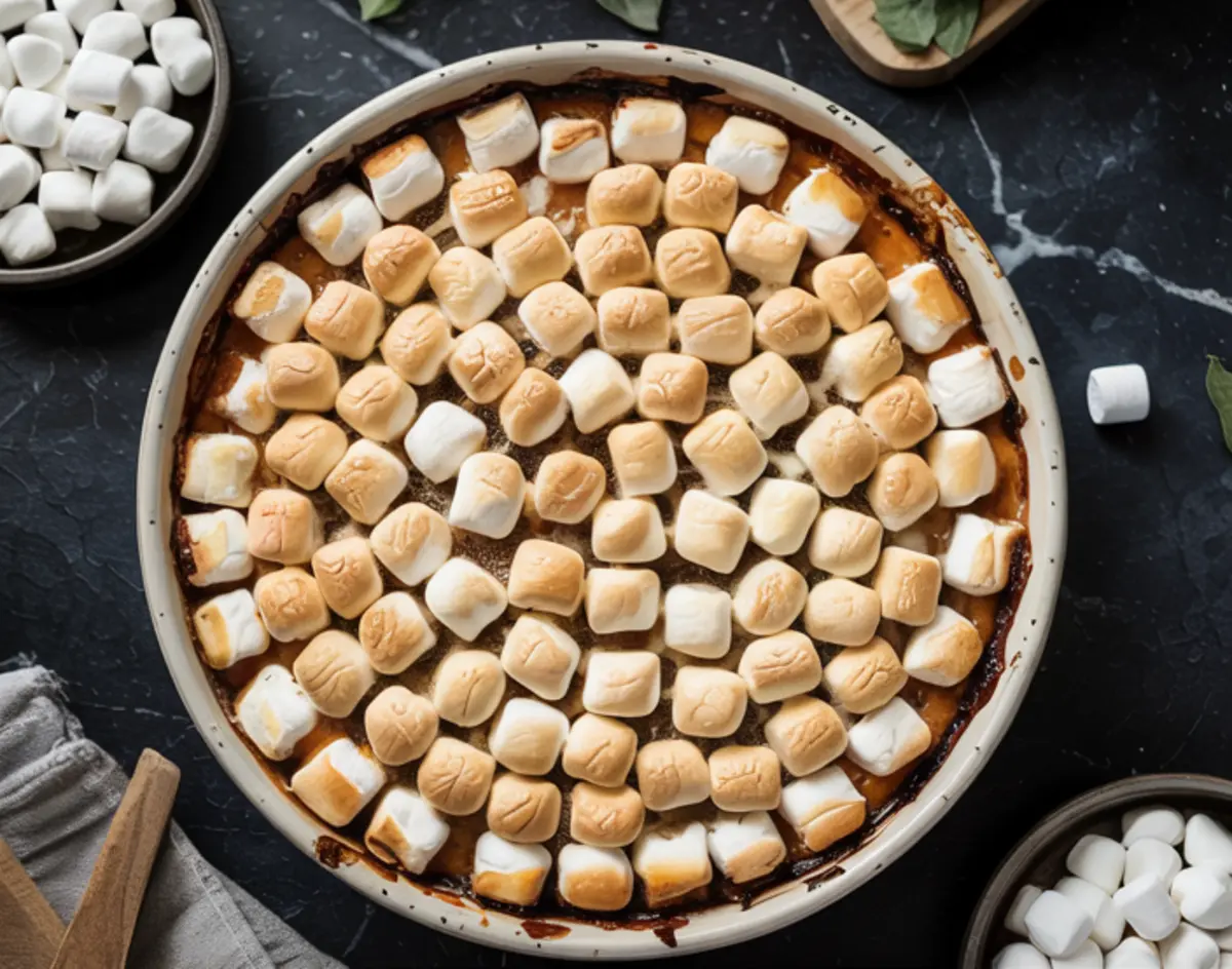 Sweet potato casserole baked with golden mini marshmallows on top, styled in a round ceramic dish, perfect for Thanksgiving sweet potato casserole or fall holiday meals.