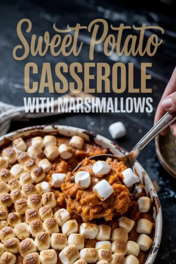 Spoonful of sweet potato casserole with marshmallows lifted from a baking dish, labeled with text overlay for Thanksgiving recipes and quick holiday sides.
