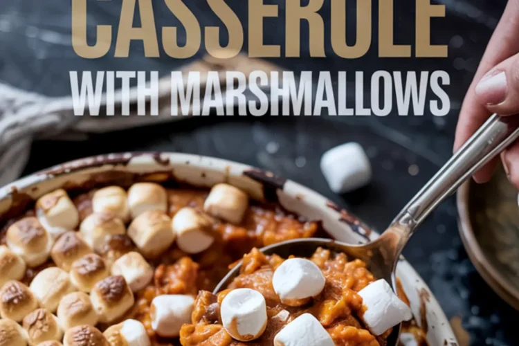 Spoonful of sweet potato casserole with marshmallows lifted from a baking dish, labeled with text overlay for Thanksgiving recipes and quick holiday sides.