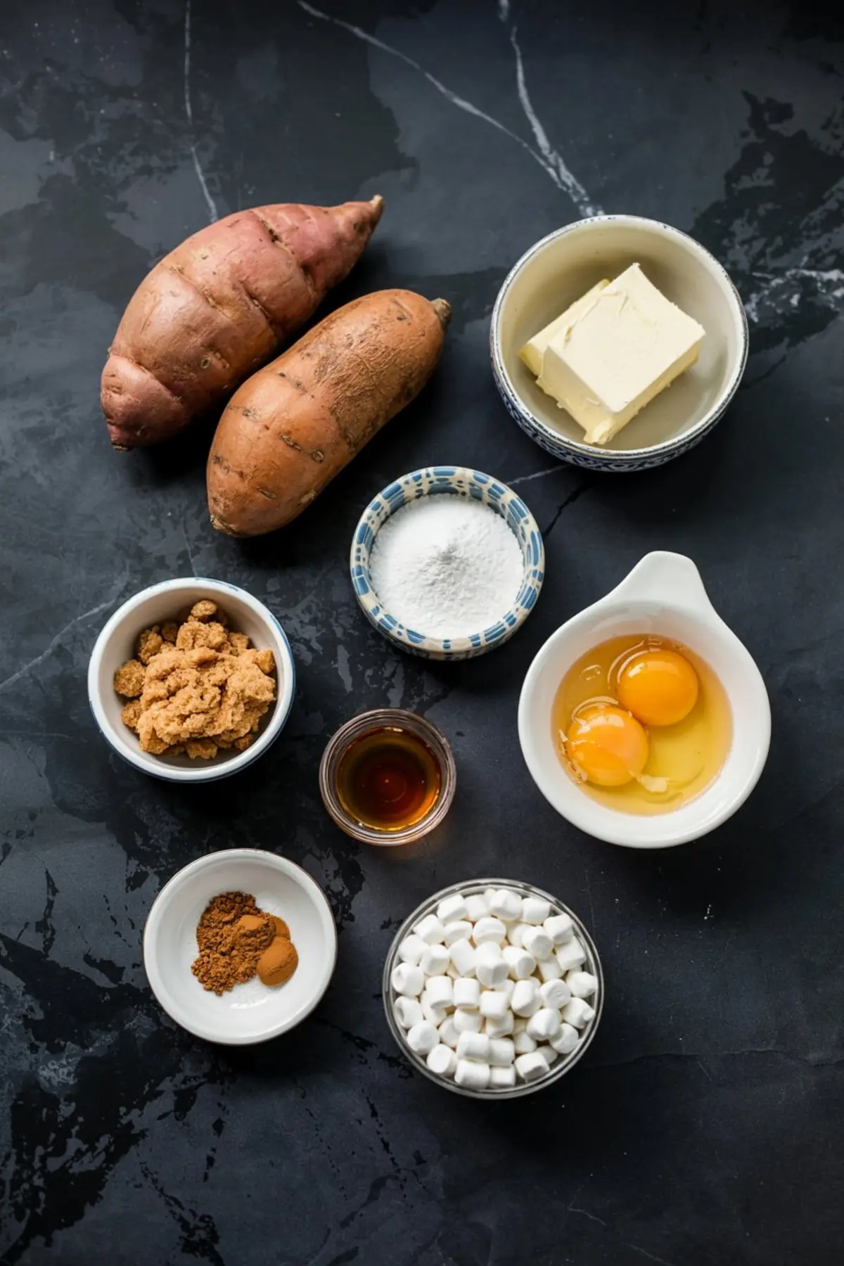 Flat lay of ingredients for sweet potato casserole, including raw sweet potatoes, brown sugar, eggs, marshmallows, vanilla, butter, and spices, styled for fall baking prep.