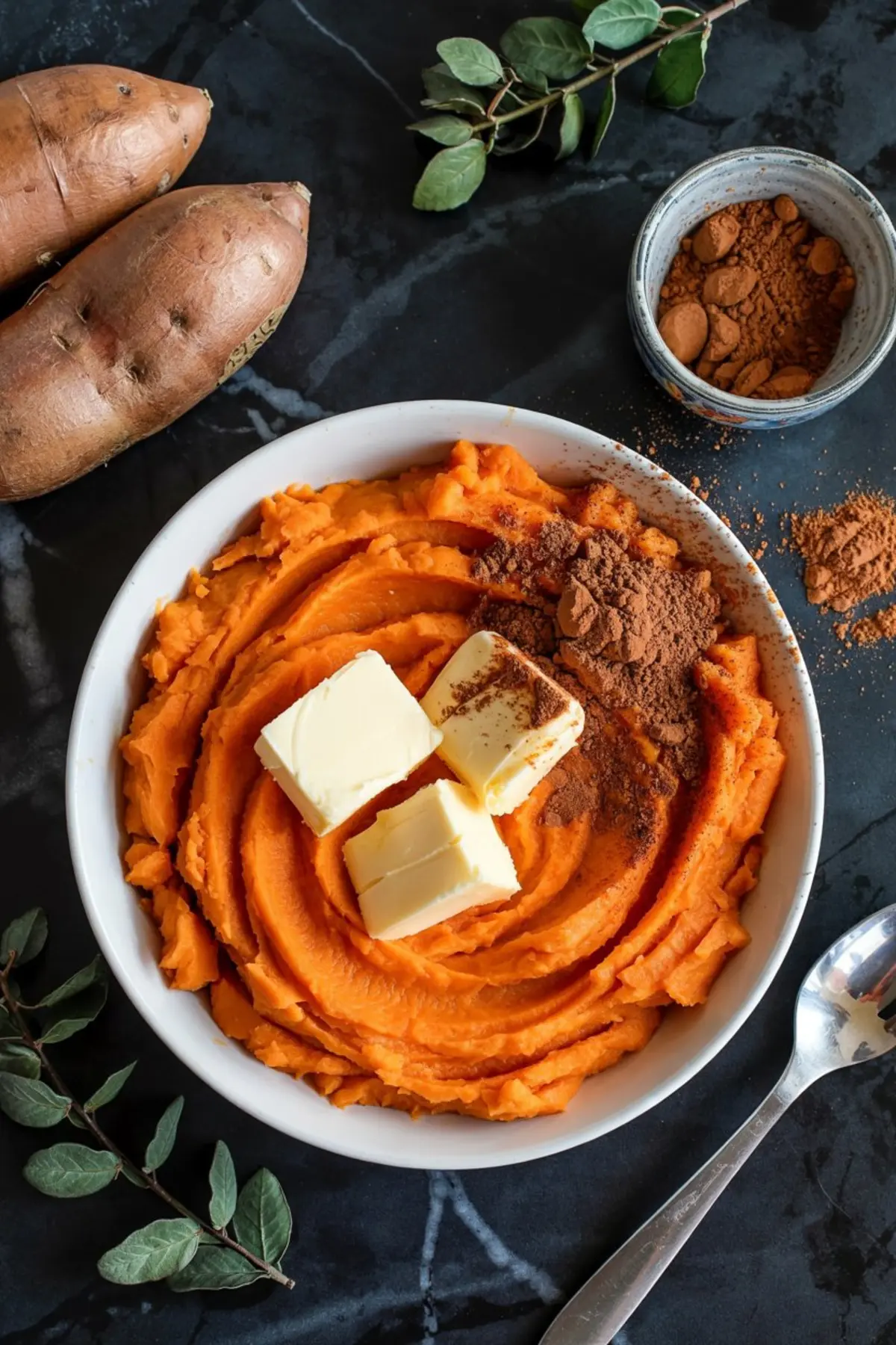 Bowl of mashed sweet potatoes topped with cubed butter and cinnamon, surrounded by raw potatoes and cocoa powder, captured for Thanksgiving cooking inspiration.