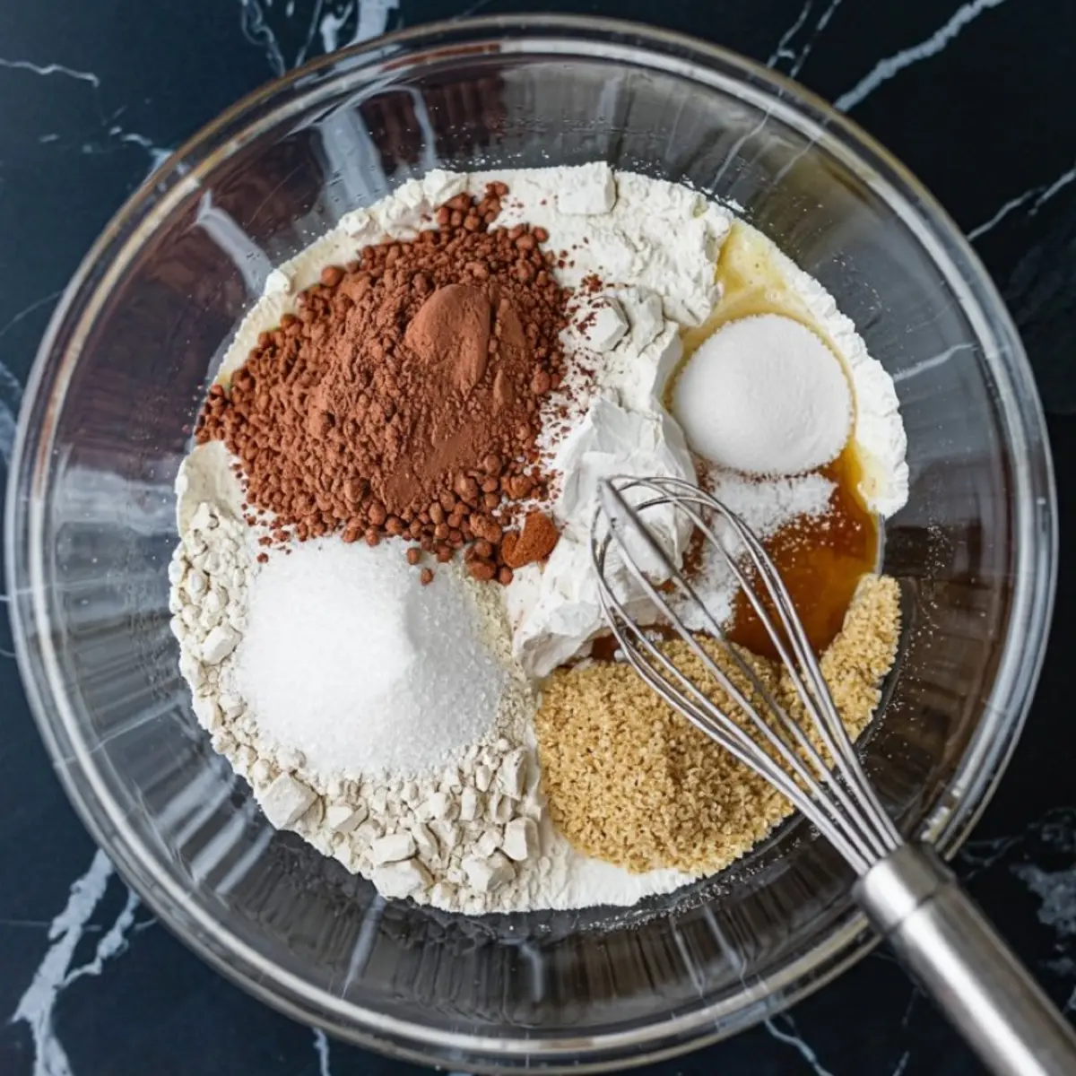Large glass bowl with separated dry and wet cupcake ingredients including flour, sugar, cocoa powder, and vanilla, with a metal whisk on a black marble countertop.
