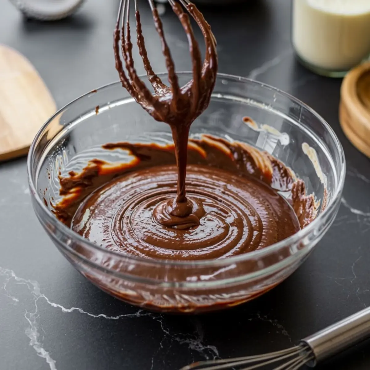 Glass mixing bowl filled with smooth chocolate cupcake batter being whisked, set on a black marble countertop.
