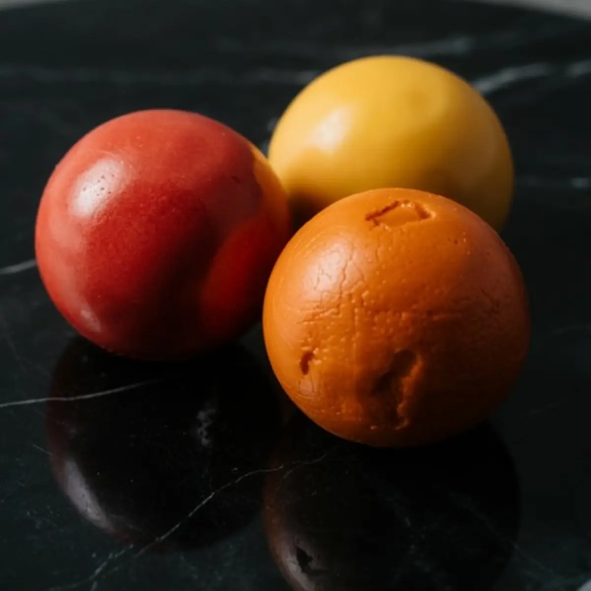 Three smooth candy melts in red, orange, and yellow arranged on a black marble surface, ready for cupcake decorating.
