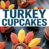 Decorated chocolate cupcakes with candy eyes and colorful red and yellow leaf-shaped fondant pieces arranged as turkey feathers, displayed with “Turkey Cupcakes” text in bold font.