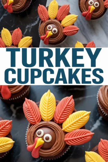 Decorated chocolate cupcakes with candy eyes and colorful red and yellow leaf-shaped fondant pieces arranged as turkey feathers, displayed with “Turkey Cupcakes” text in bold font.
