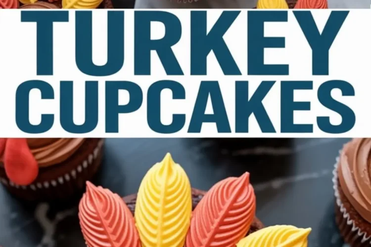 Decorated chocolate cupcakes with candy eyes and colorful red and yellow leaf-shaped fondant pieces arranged as turkey feathers, displayed with “Turkey Cupcakes” text in bold font.